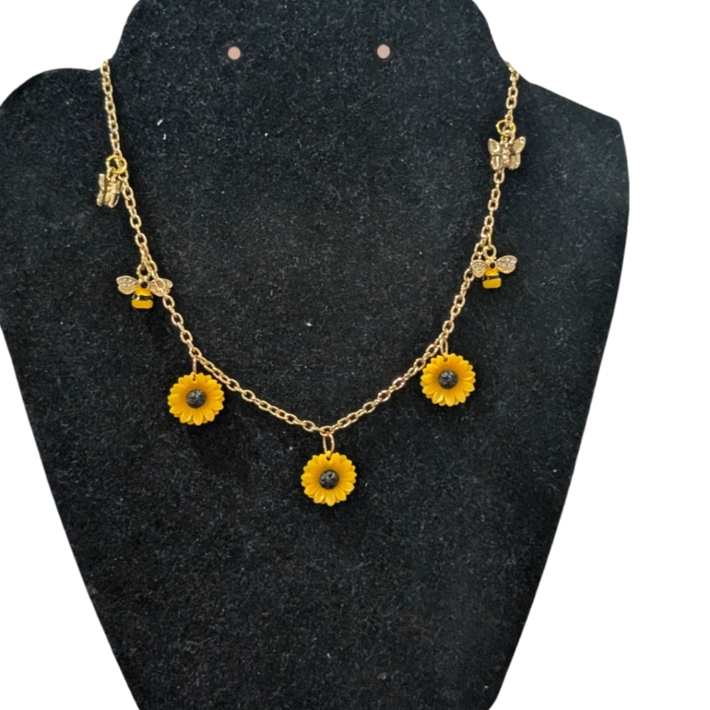 Gold necklace sunflower butterflies and bees pendants